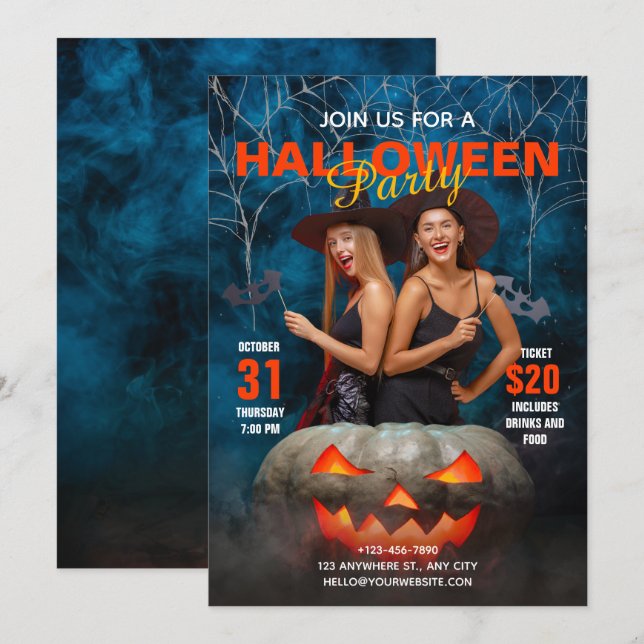 Blue and Red Modern Halloween Party Invitation (Front/Back)