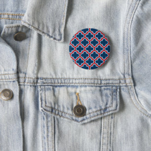 Blue and Red Moroccan Trellis, Lattice, Quatrefoil 6 Cm Round Badge