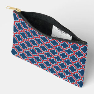 Blue and Red Moroccan Trellis, Lattice, Quatrefoil Accessory Pouch