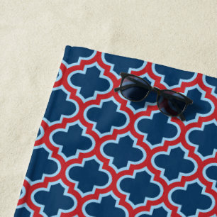 Blue and Red Moroccan Trellis, Lattice, Quatrefoil Beach Towel