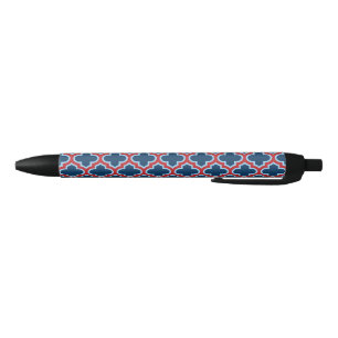Blue and Red Moroccan Trellis, Lattice, Quatrefoil Black Ink Pen