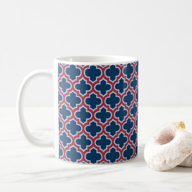 Blue and Red Moroccan Trellis, Lattice, Quatrefoil Coffee Mug (With Donut)