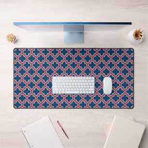 Blue and Red Moroccan Trellis, Lattice, Quatrefoil Desk Mat