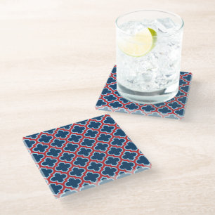Blue and Red Moroccan Trellis, Lattice, Quatrefoil Glass Coaster