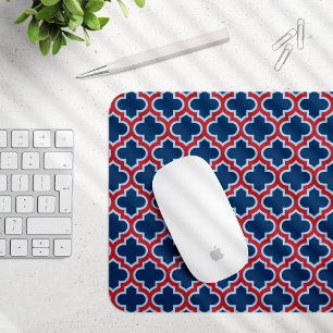 Blue and Red Moroccan Trellis, Lattice, Quatrefoil Mouse Mat