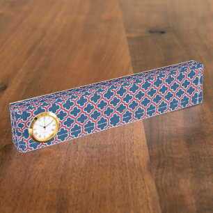 Blue and Red Moroccan Trellis, Lattice, Quatrefoil Nameplate