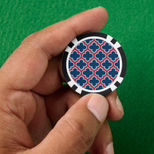Blue and Red Moroccan Trellis, Lattice, Quatrefoil Poker Chips