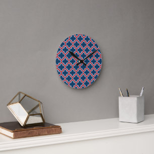 Blue and Red Moroccan Trellis, Lattice, Quatrefoil Round Clock