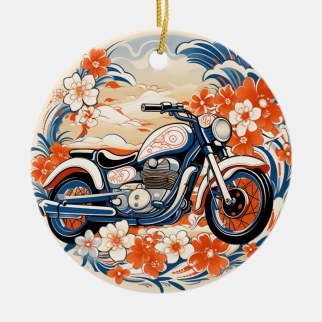 Blue and Red Motorcycle Chiyogami Ornament (Front)