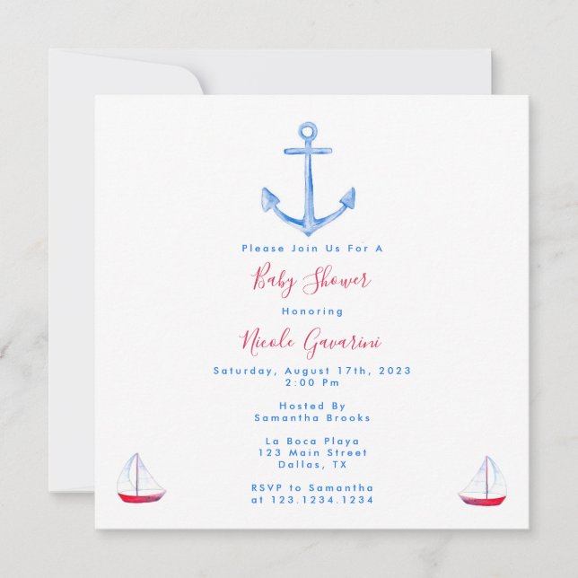 Blue And Red Nautical Baby Shower Invitations (Front)