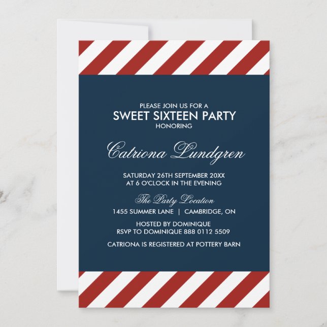 Blue and Red Nautical Sweet Sixteen Invitation (Front)
