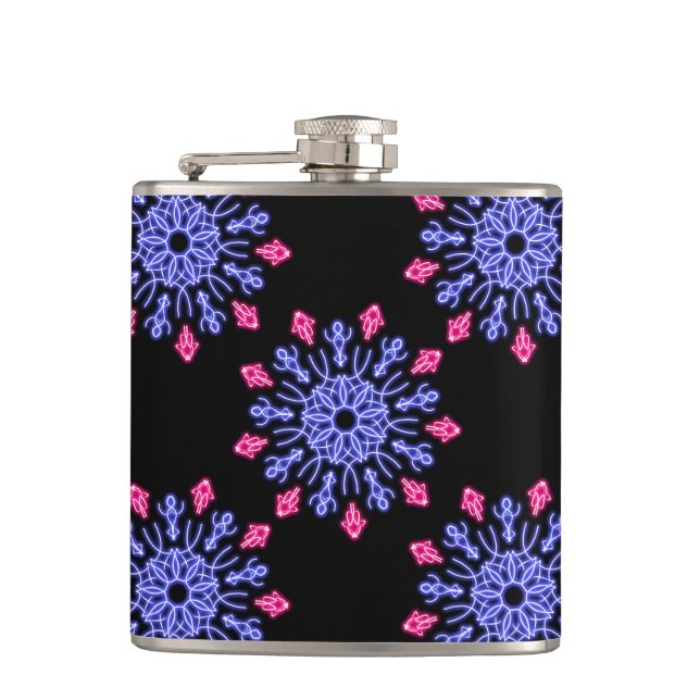 Blue and red neon flower hip flask (Front)