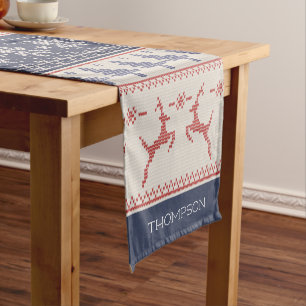 Blue and Red Nordic Christmas Pattern Short Table Runner