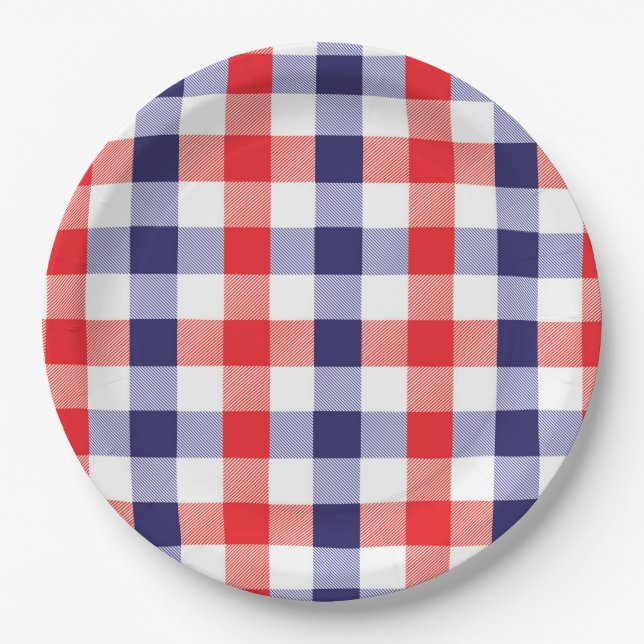 Blue and Red Patriotic Checks Paper Plate (Front)