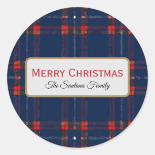 Blue and Red Plaid Personalized Merry Christmas Classic Round Sticker