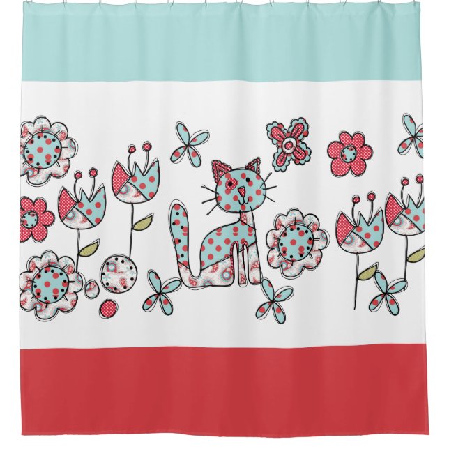 Blue and Red Polka Dotted Cat and Flowers Shower Curtain (Front)