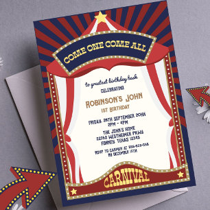 Blue and Red Retro Carnival birthday invitations