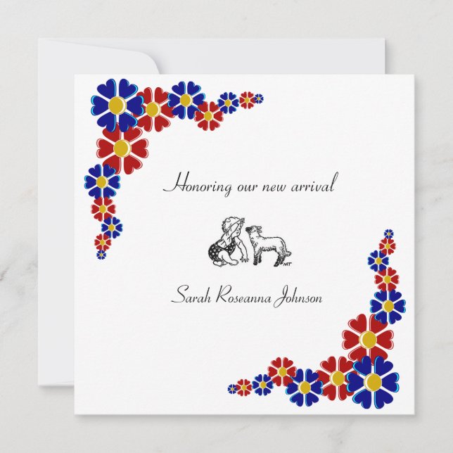 Blue and red retro flowers baby shower invitation (Front)