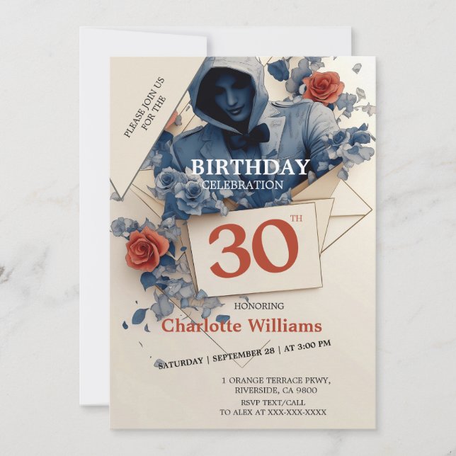 Blue and Red Rose Gothic 30th Birthday  Invitation (Front)