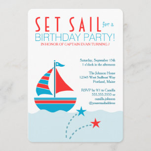Blue and Red Sailboat Nautical Birthday Invitation