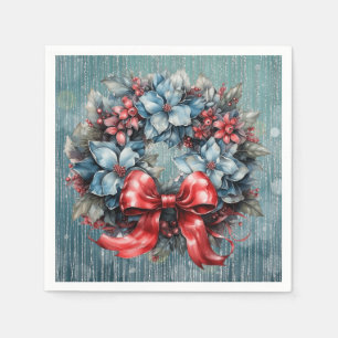 Blue and Red Sparkly Wreath Ribbon Napkin