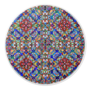 Blue and Red Stained Glass Look Kaleidoscope Ceramic Knob