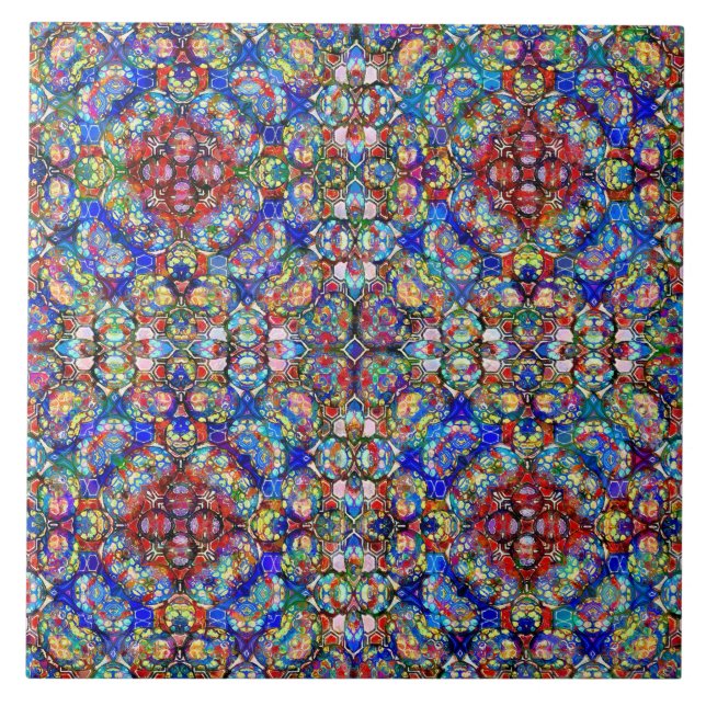 Blue and Red Stained Glass Look Kaleidoscope Tile (Front)