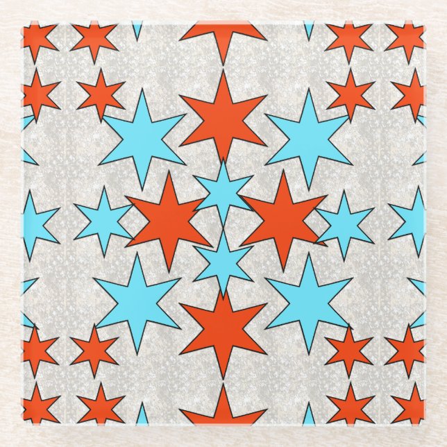 Blue and Red Star Print Glass Coaster (Front)