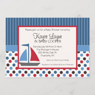 Blue and Red Stripes and Dots Sailboat Invitation