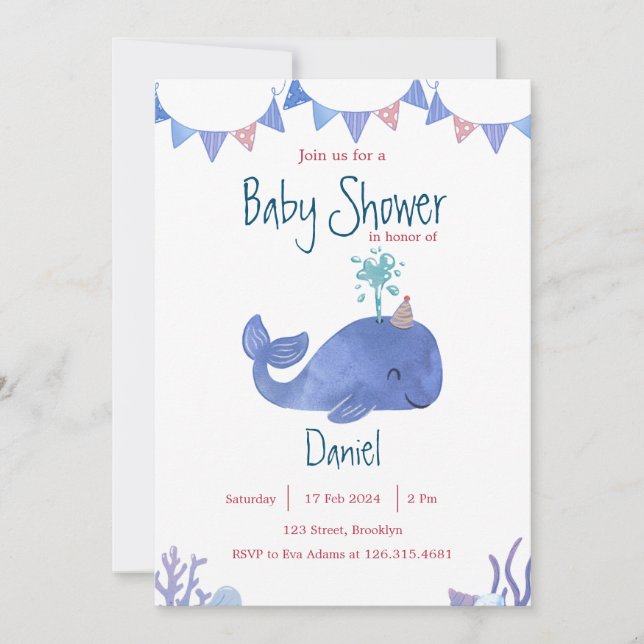 Blue and Red Watercolor Cute Whale Baby Shower Invitation (Front)