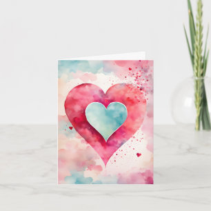 Blue and Red Watercolor Hearts Valentine Holiday Card
