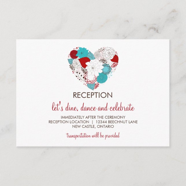 Blue and Red Whimsical Floral Heart Reception Card (Front)