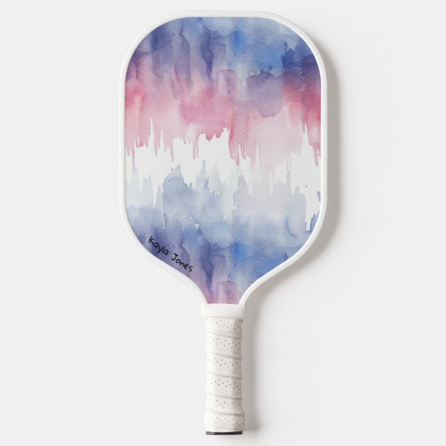 Blue and Red Whimsical Personalised Watercolor Pickleball Paddle (Front)