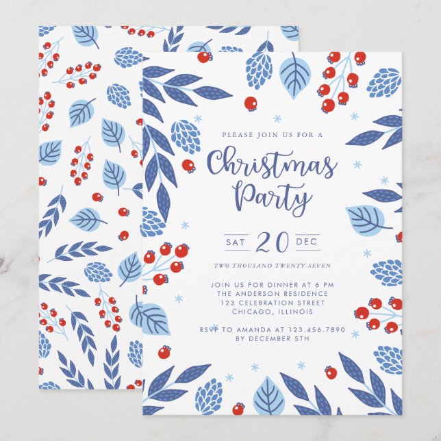 Blue and Red Winter Foliage Christmas Party Invitation (Front/Back)
