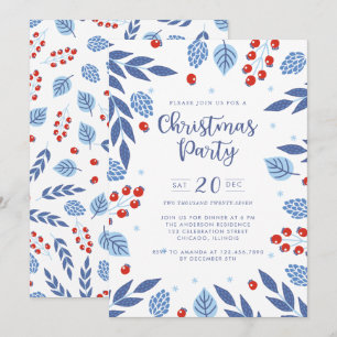 Blue and Red Winter Foliage Christmas Party Invitation