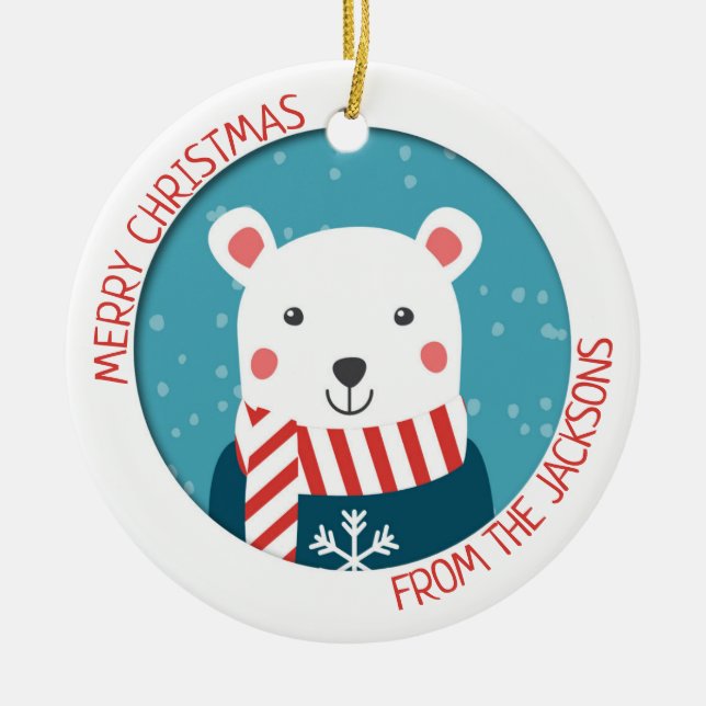 Blue and red with polar bear snowy christmas ceramic tree decoration (Front)