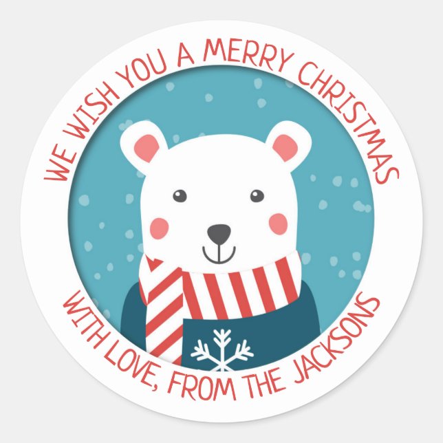 Blue and red with polar bear snowy christmas classic round sticker (Front)