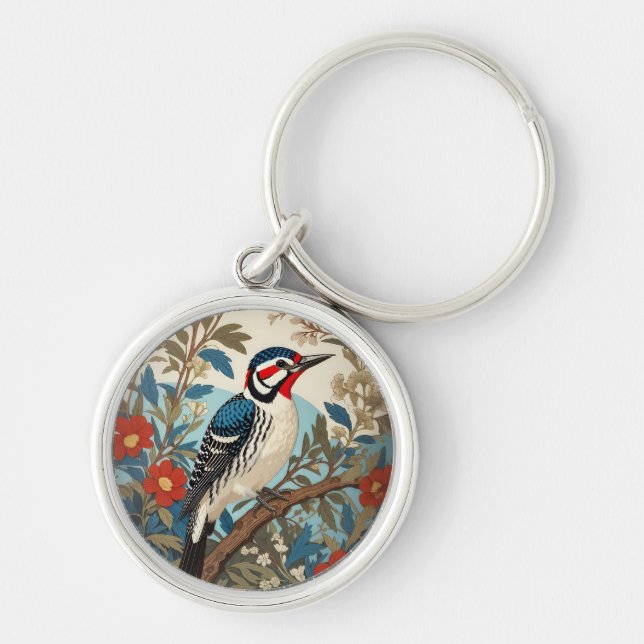 Blue And Red Woodpecker Nature Inspired Bird Key Ring (Front)
