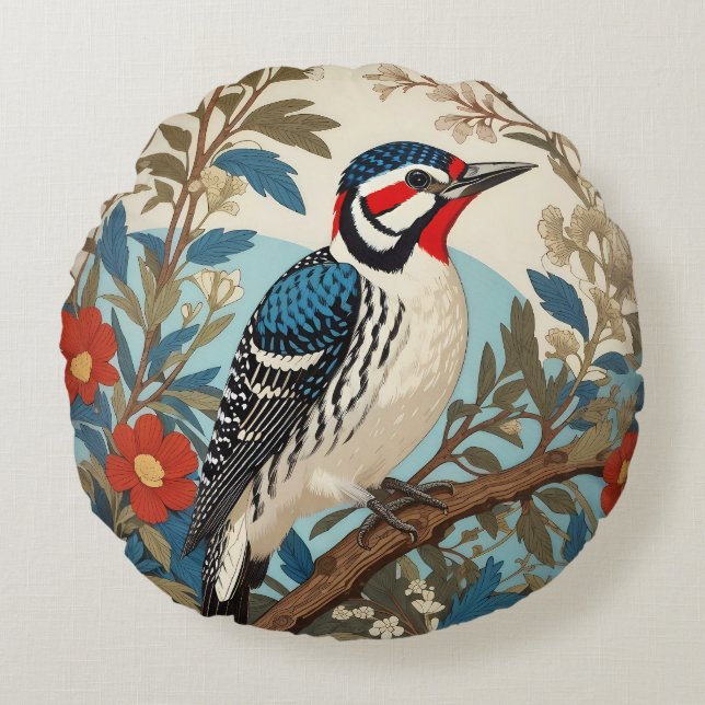 Blue And Red Woodpecker Nature Inspired Bird Round Cushion (Front)