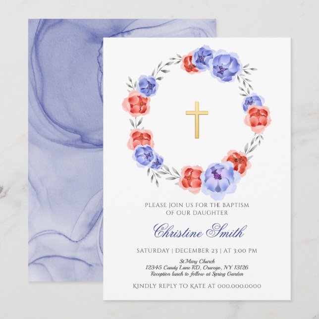 Blue And Red Wreath Floral Girl Boy Baptism Invitation (Front/Back)
