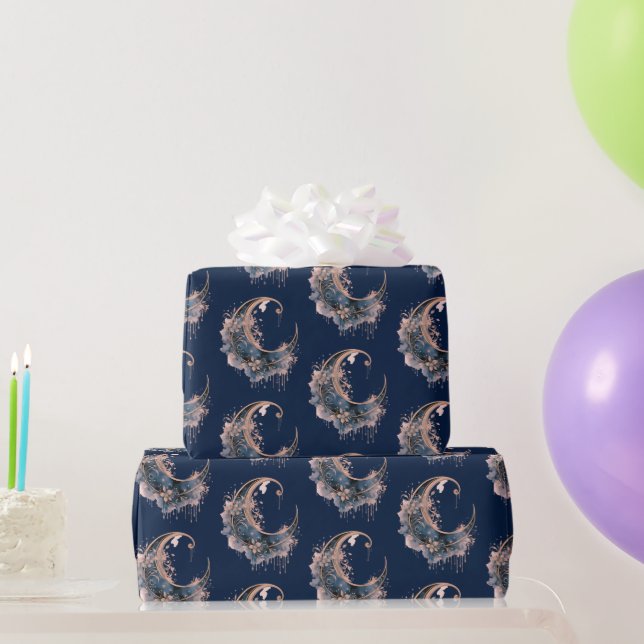 Blue and Rose Gold Crescent Moon Pattern Halloween Wrapping Paper (Party Gifts)