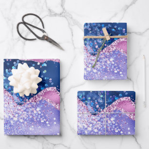 Blue and Rose Gold Glitter Agate Wrapping Paper Sheet