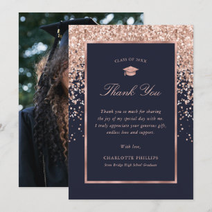 Blue and Rose Gold Photo Graduation Thank You Card