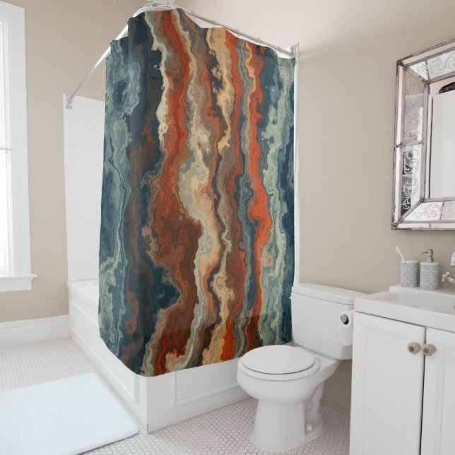 Blue and Rust Abstract Shower Curtain (In Situ)