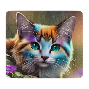 blue and rust calico cat and flowers  cutting board