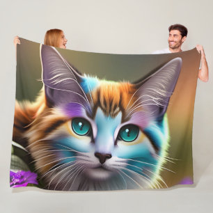 blue and rust calico cat and flowers  fleece blanket