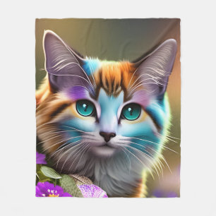 blue and rust calico cat and flowers   fleece blanket