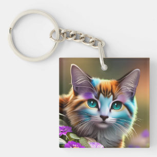 blue and rust calico cat and flowers key ring