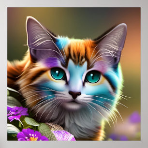 blue and rust calico cat and flowers poster