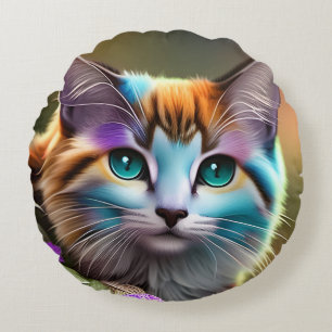 blue and rust calico cat and flowers round cushion